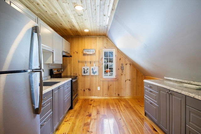 kitchen with wooden walls, under cabinet range hood, light wood-style floors, appliances with stainless steel finishes, and gray cabinets