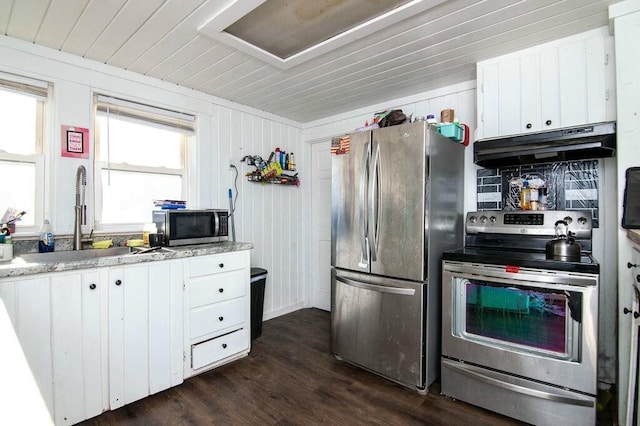 kitchen featuring sink, white cabinetry, wooden walls, stainless steel appliances, and dark hardwood / wood-style floors