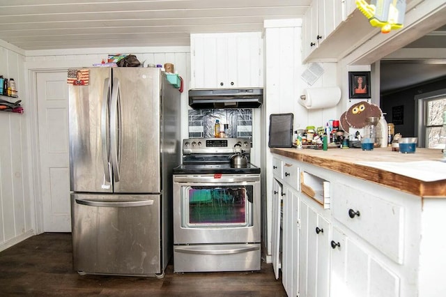 kitchen featuring stainless steel appliances, white cabinetry, dark hardwood / wood-style floors, and butcher block countertops