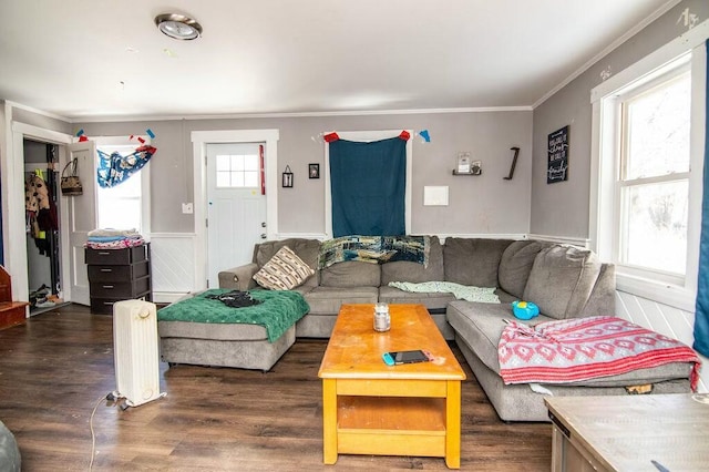 living room with dark wood-type flooring and a wealth of natural light