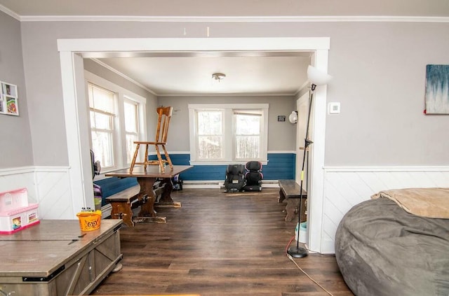 living area featuring crown molding and dark wood-type flooring