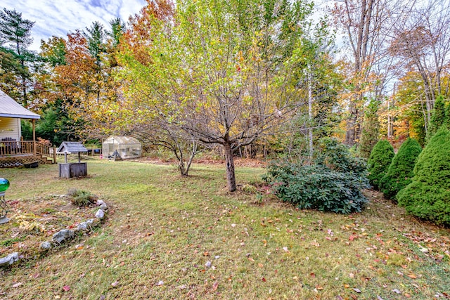 view of yard with an outdoor structure and a deck