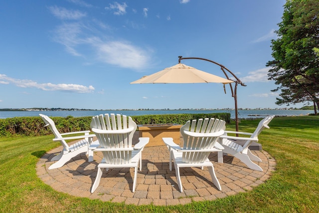 view of patio / terrace featuring a water view