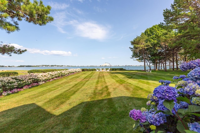 view of yard with view of golf course and a water view