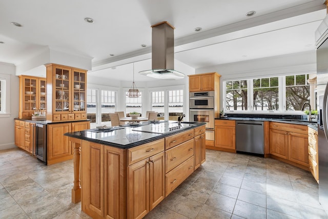 22 Channel Cove Ln, Biddeford, ME 04005 - kitchen featuring stainless steel appliances, a sink, beverage cooler, island range hood, and glass insert cabinets