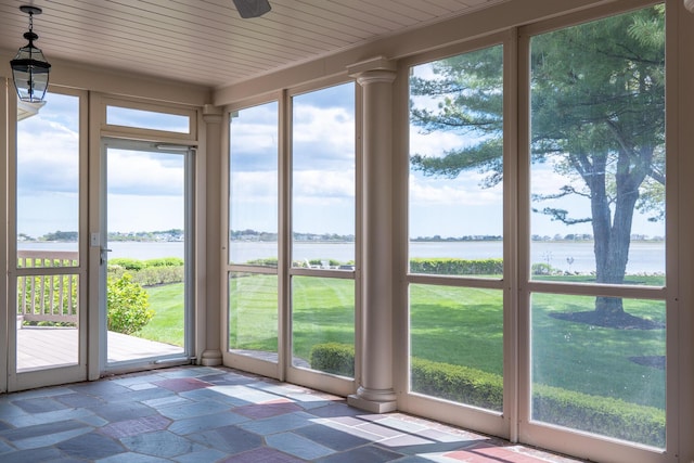 22 Channel Cove Ln, Biddeford, ME 04005 - unfurnished sunroom with a water view, plenty of natural light, and wood ceiling
