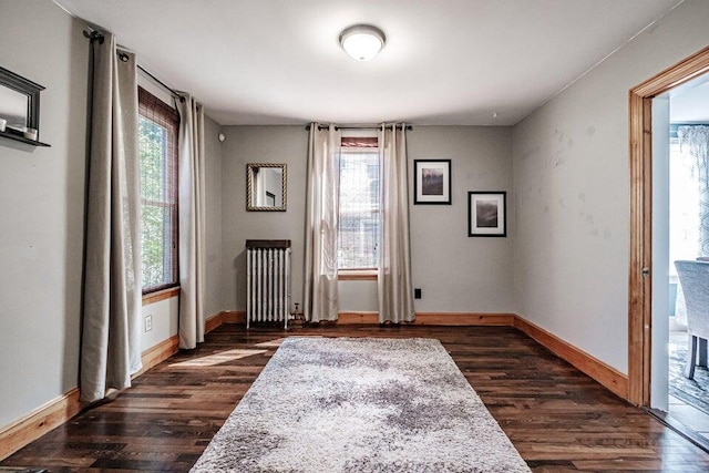 empty room with dark hardwood / wood-style flooring and radiator heating unit