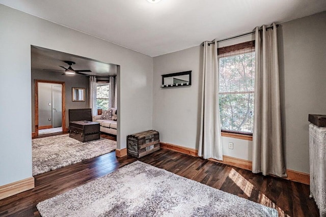 interior space featuring dark hardwood / wood-style floors, a wealth of natural light, and ceiling fan