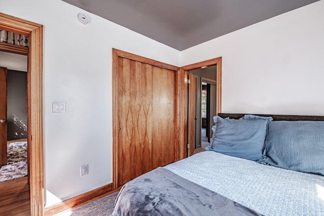 bedroom with wood-type flooring and a closet