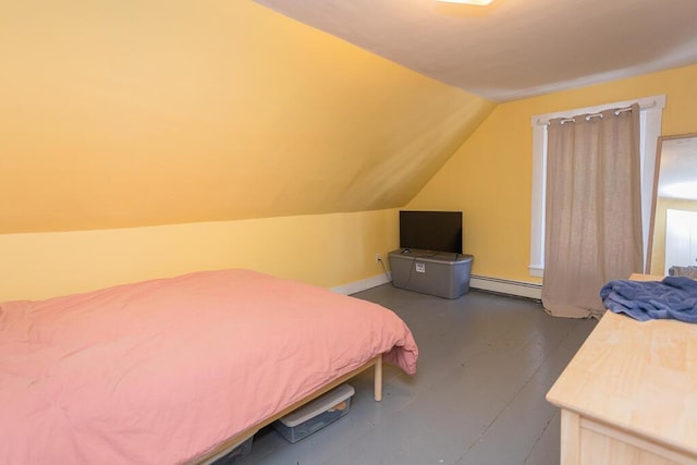 bedroom featuring a baseboard radiator and vaulted ceiling