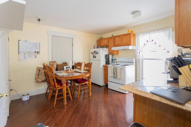 kitchen with white appliances and dark hardwood / wood-style flooring