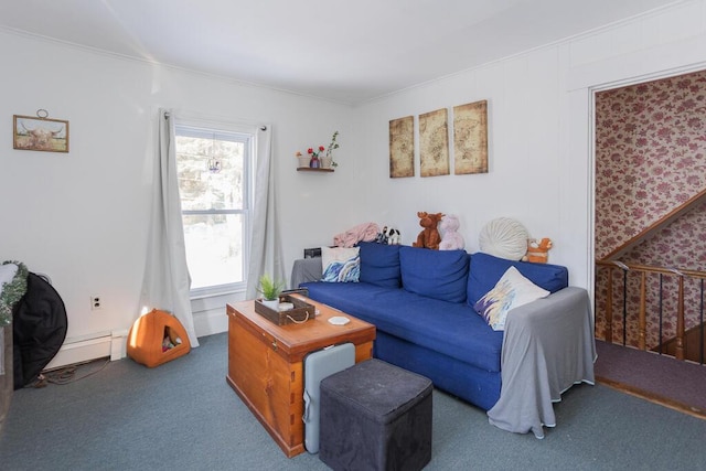 living room with crown molding, a healthy amount of sunlight, carpet flooring, and a baseboard heating unit