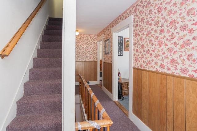 stairway with wood walls