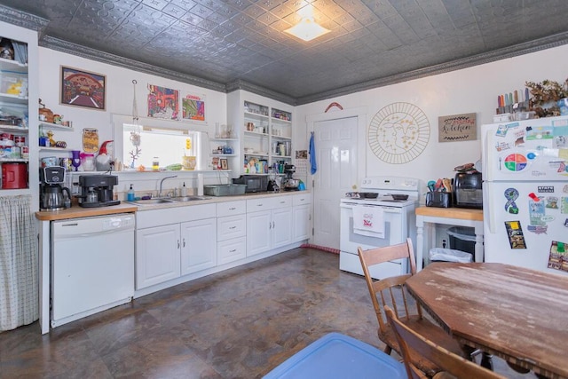 kitchen with sink, white appliances, brick ceiling, white cabinetry, and ornamental molding