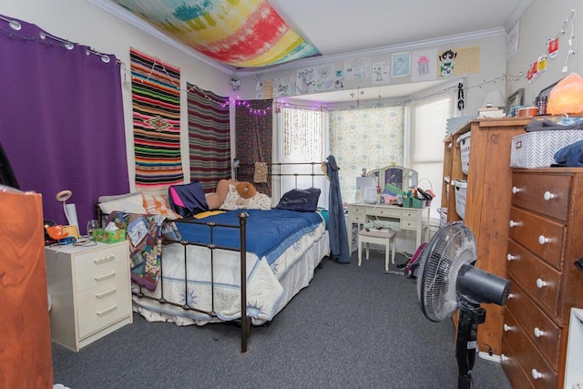 carpeted bedroom with ornamental molding