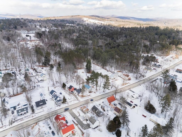 snowy aerial view featuring a mountain view