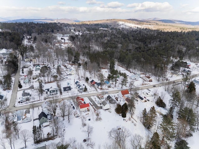 snowy aerial view with a mountain view