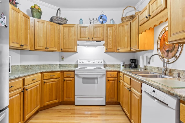 kitchen with crown molding, white appliances, light hardwood / wood-style floors, and sink