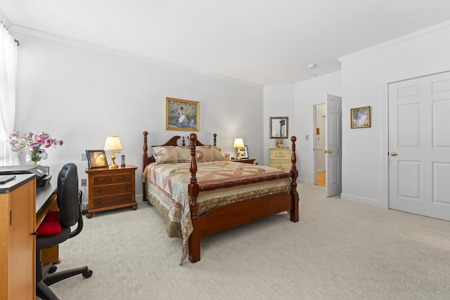 bedroom featuring ornamental molding and light colored carpet