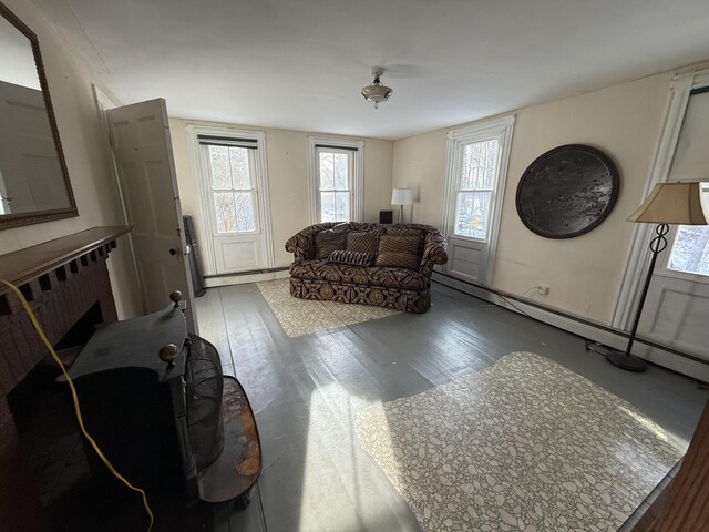 living room with dark hardwood / wood-style flooring and a baseboard heating unit