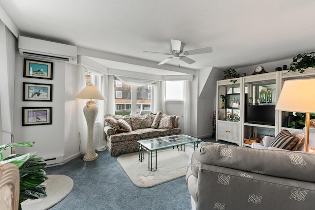 living area with baseboards, an AC wall unit, a ceiling fan, and carpet floors