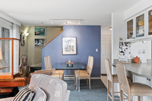 dining room featuring track lighting and carpet