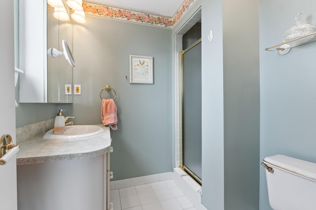 bathroom featuring a shower stall, baseboards, toilet, tile patterned floors, and vanity