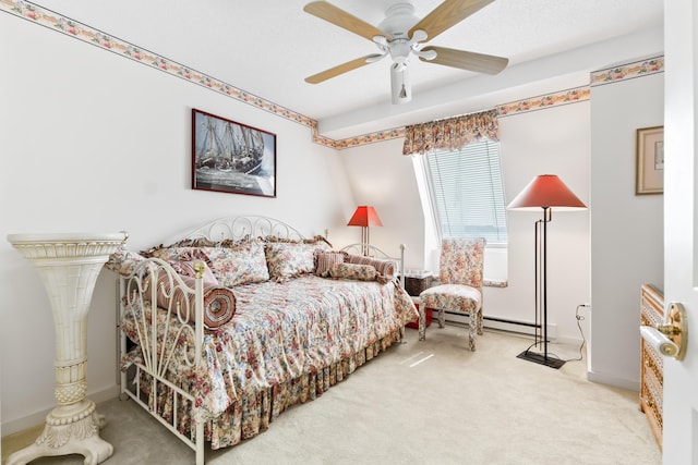 bedroom with baseboards, a ceiling fan, carpet, and a baseboard radiator