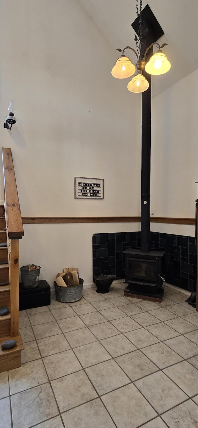 interior space featuring a wood stove