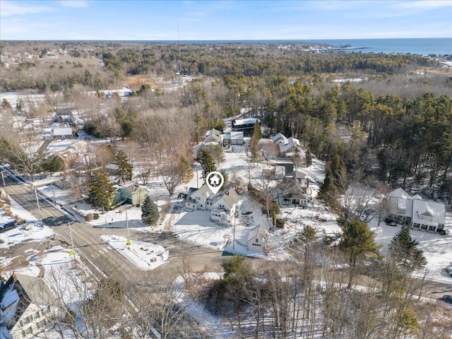 snowy aerial view with a water view