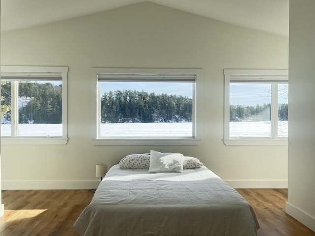 bedroom with vaulted ceiling and hardwood / wood-style floors