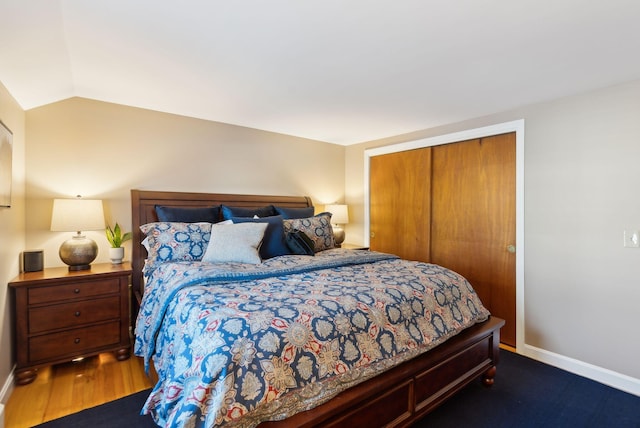 bedroom featuring lofted ceiling, hardwood / wood-style floors, and a closet