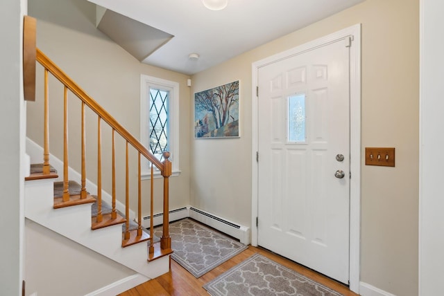 entrance foyer featuring hardwood / wood-style floors and a baseboard radiator