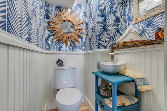 54 Webhannet Dr, Wells, ME 04090 - bathroom with wallpapered walls, a sink, toilet, and a wainscoted wall
