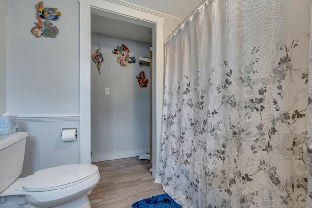 54 Webhannet Dr, Wells, ME 04090 - bathroom with toilet, wood finished floors, baseboards, and a shower with curtain