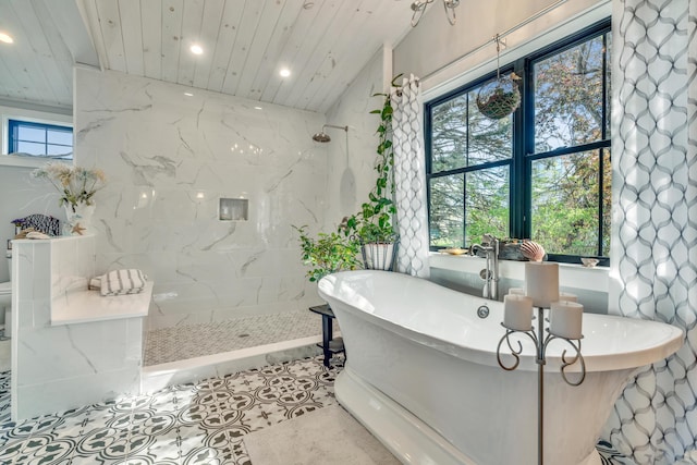 54 Webhannet Dr, Wells, ME 04090 - bathroom featuring recessed lighting, a marble finish shower, a freestanding bath, and wooden ceiling