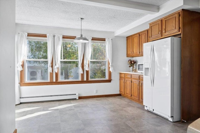 kitchen featuring white fridge with ice dispenser, a textured ceiling, decorative light fixtures, a baseboard radiator, and beamed ceiling