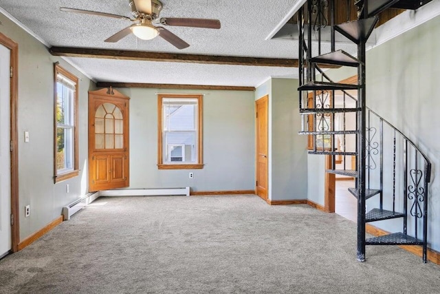 unfurnished living room with beam ceiling, light colored carpet, a textured ceiling, and baseboard heating