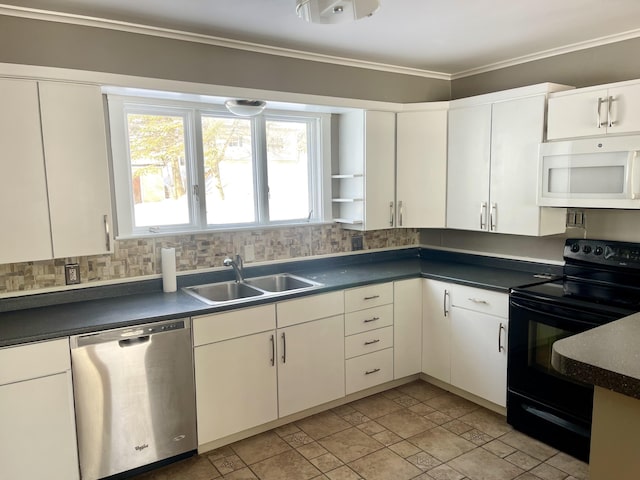 kitchen featuring dishwasher, black electric range, and white cabinets