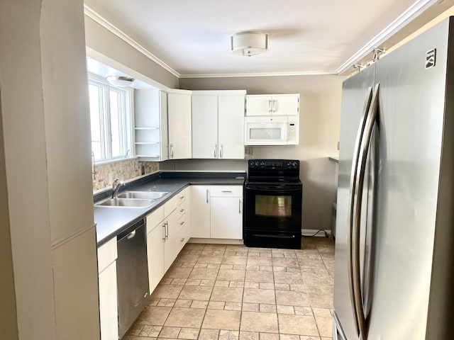 kitchen featuring white cabinetry, ornamental molding, appliances with stainless steel finishes, and sink