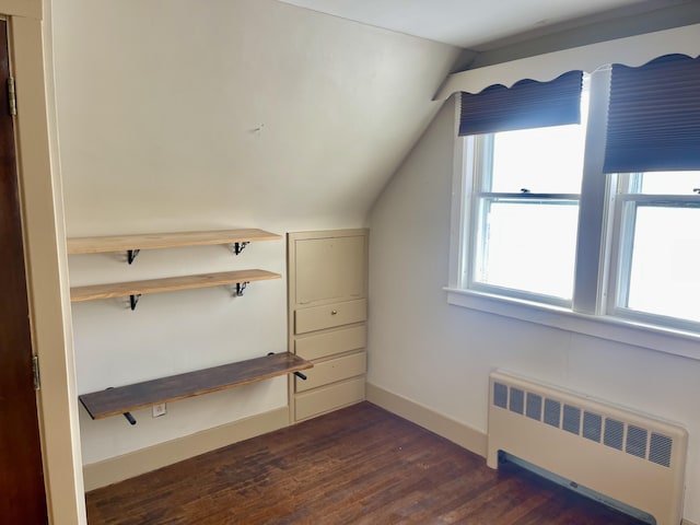 additional living space with lofted ceiling, radiator, and dark hardwood / wood-style floors