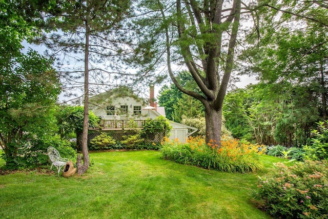 view of yard with a wooden deck