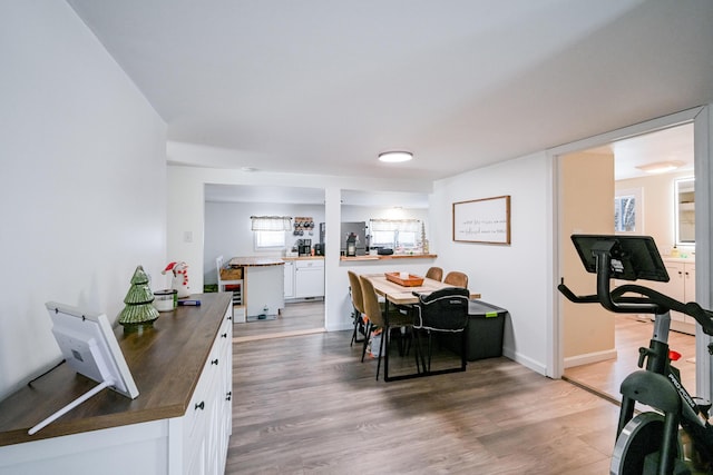 dining space featuring wood-type flooring