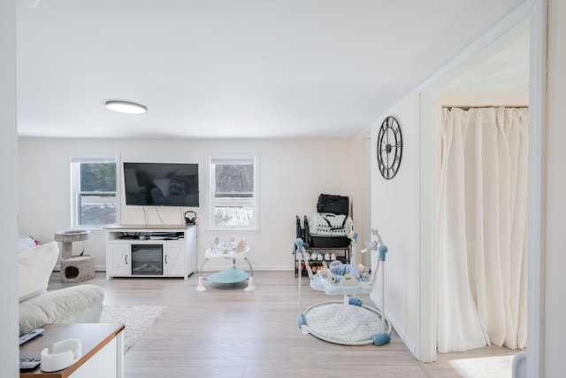 living room with light hardwood / wood-style flooring and a healthy amount of sunlight