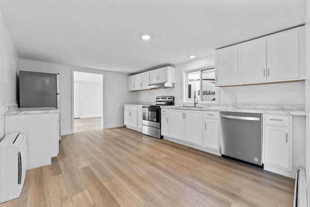 kitchen featuring white cabinetry, appliances with stainless steel finishes, under cabinet range hood, and light wood finished floors