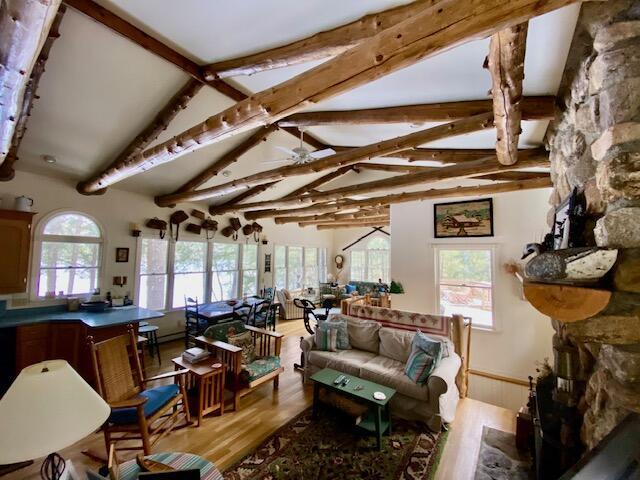 living room featuring a healthy amount of sunlight, vaulted ceiling with beams, and light wood-type flooring