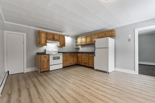 kitchen featuring a baseboard heating unit, white appliances, and light hardwood / wood-style floors