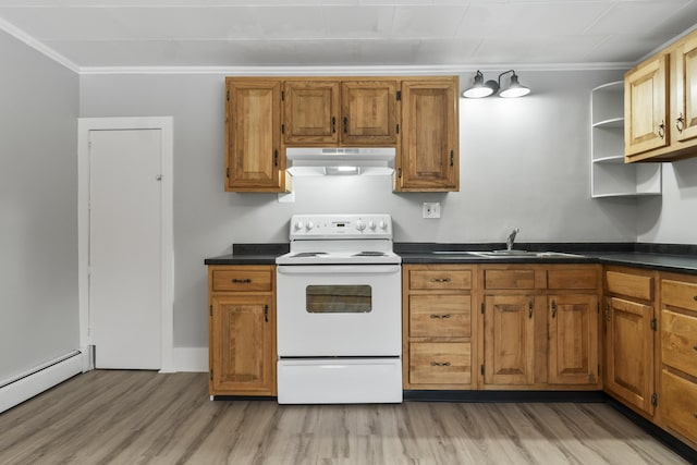 kitchen featuring sink, light wood-type flooring, baseboard heating, and white electric range oven