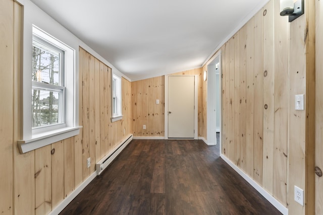 corridor featuring a baseboard radiator, lofted ceiling, dark hardwood / wood-style floors, and wood walls