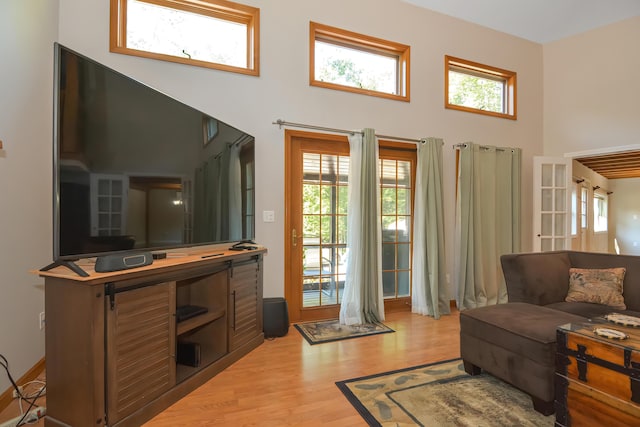 living room featuring light hardwood / wood-style flooring and a high ceiling